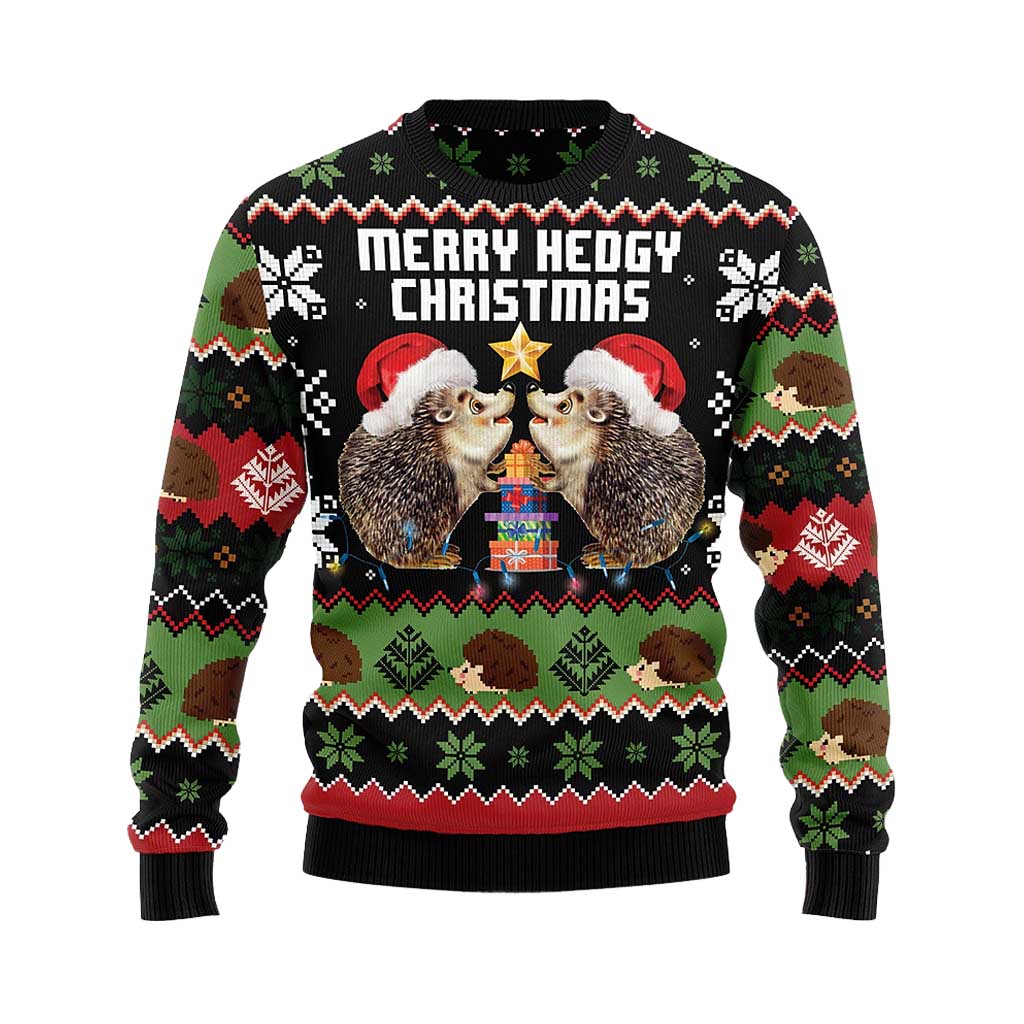 Unisex Vintage Hedgehog Print Crew Neck Ugly Christmas Sweatshirt