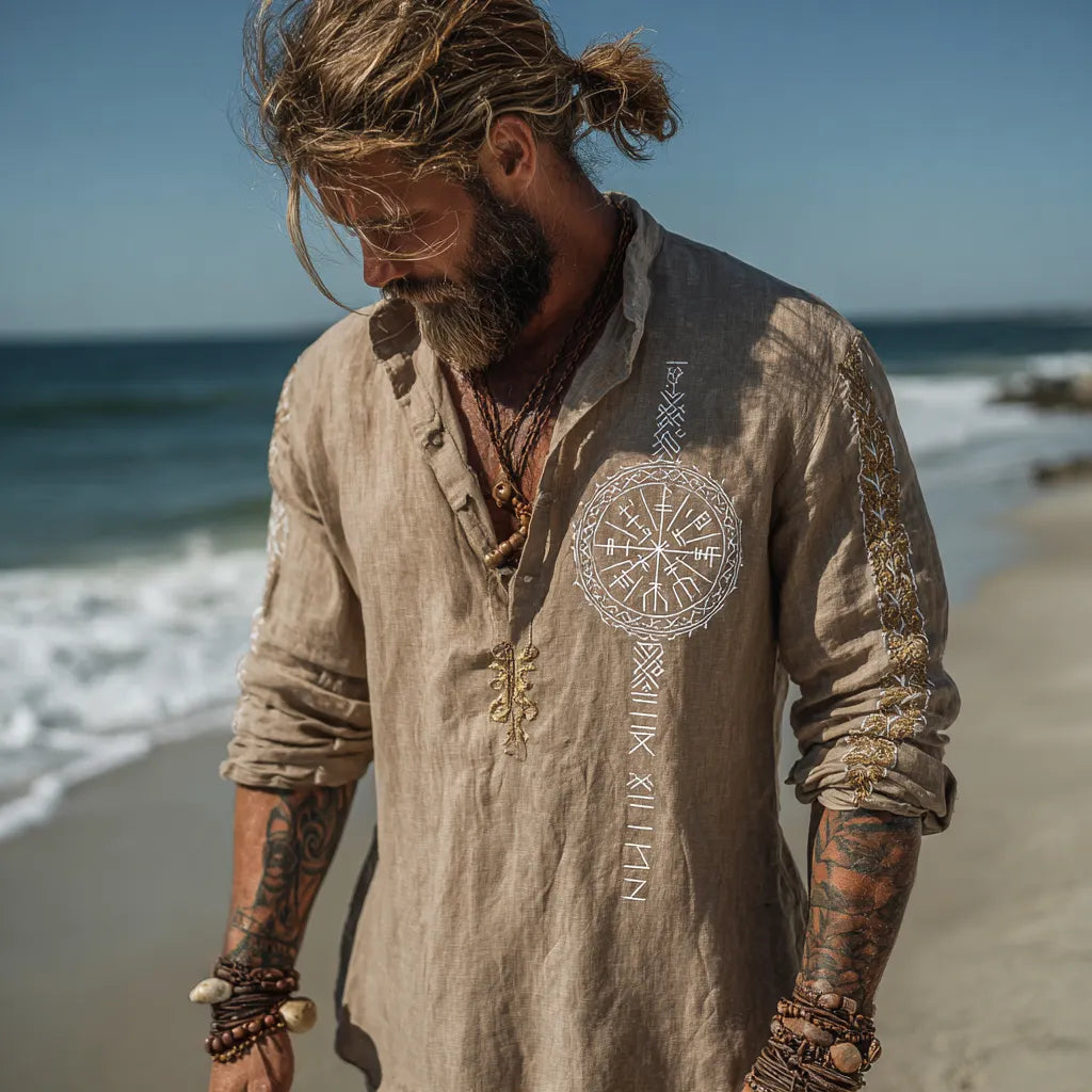 Men's Viking-Inspired Compass Knot Long Sleeve Linen Henley Shirt