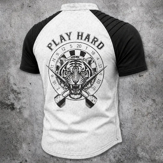 Men's Tiger Graphic Lace-Up Henley T-Shirt - Distressed Raglan Short Sleeve