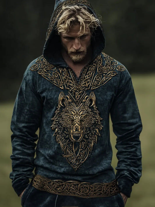 Viking Style Inspired Wolf Golden Rune 3D Printed Unisex Casual Hoodie