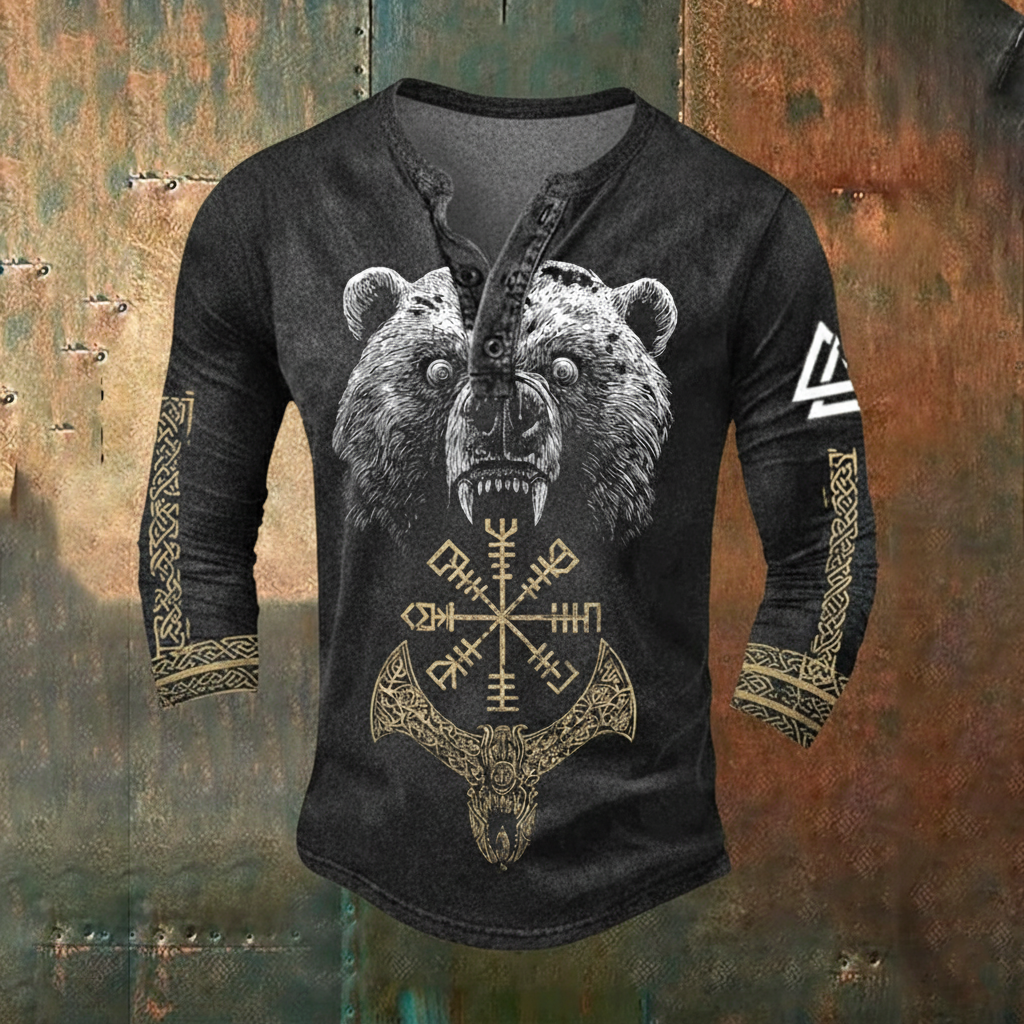Viking Vegvísir Nordic Bear Casual Long-Sleeve Henley Shirt