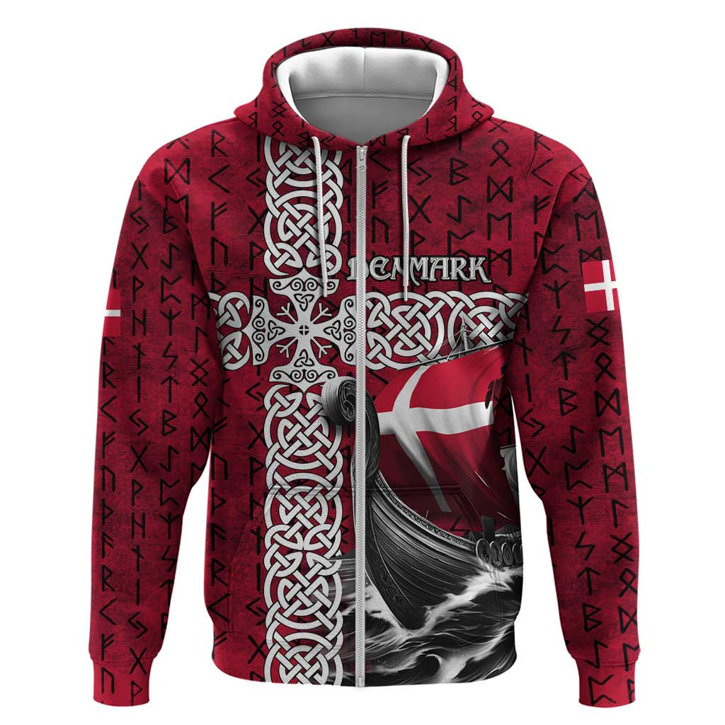 Denmark Viking Longship Zipper Norse Rune & Celtic Cross Danish Flag Viking Hoodie