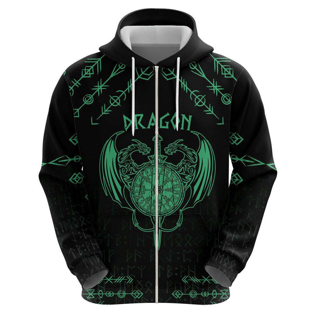 (Custom) Viking Dragon Zipper with Sword Green Scandinavian Tattoo Viking Hoodie