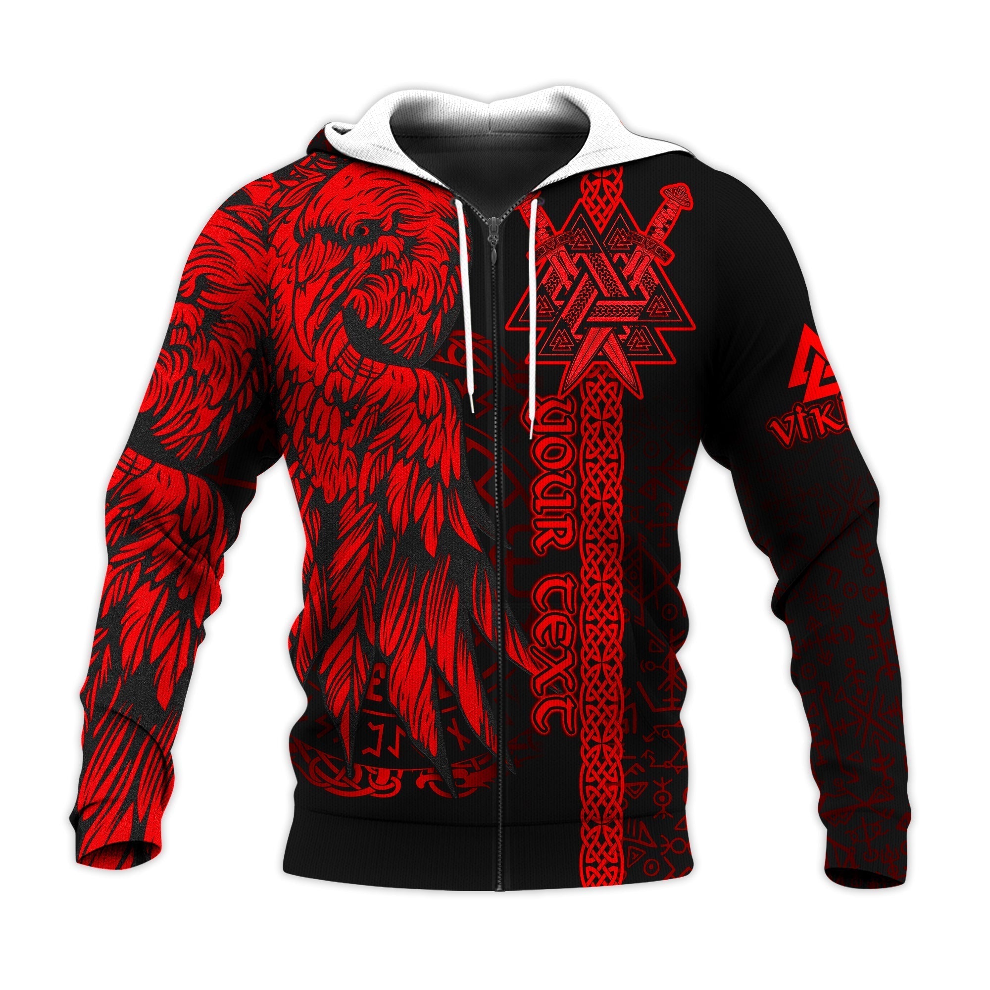 (Custom) Valknut Raven Symbol Celtic Vegvisir Red Color Viking Hoodie