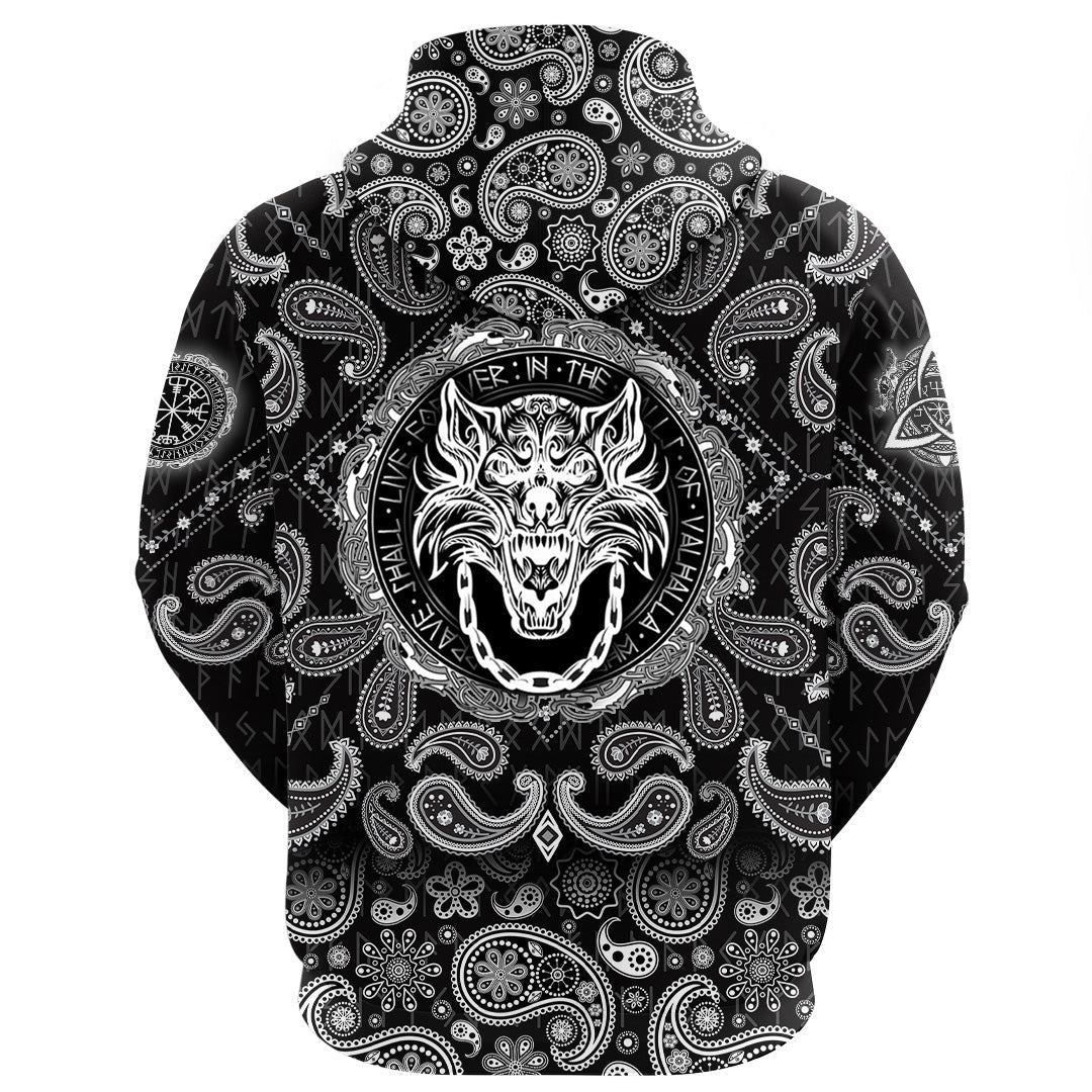 Fenrir Wolf And Old Runes With Bandana Paisley Style Viking Hoodie