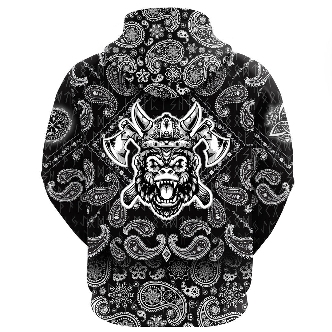 Gorillhead With Helmet And Axe With Bandana Paisley Style Viking Hoodie