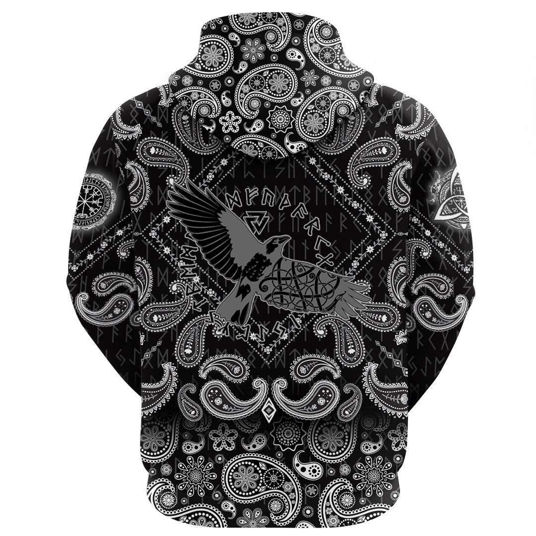 Flying Black Raven In Circle Of Scandinavian Runic Symbols With Bandana Paisley Style Viking Hoodie
