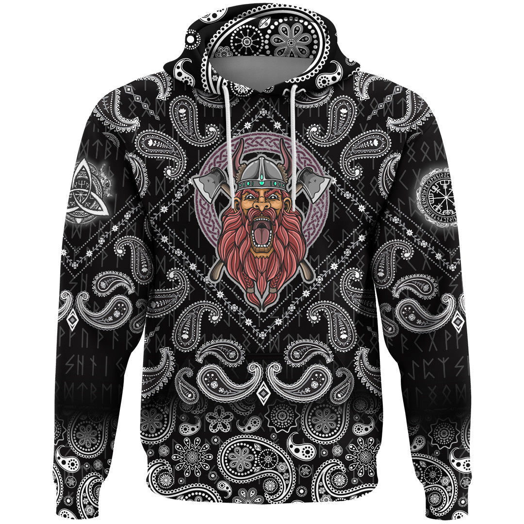 Barbarian Head With Cross Axe With Bandana Paisley Style Viking Hoodie