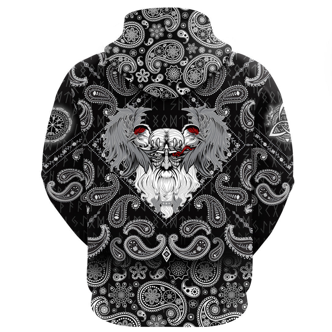 God Odin With Two Ravens With Bandana Paisley Style Viking Hoodie
