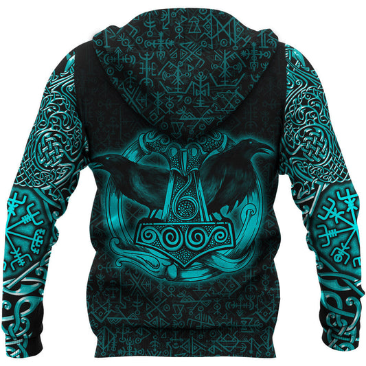 Style Zip Viking Hoodie Raven Mjolnir Yggdrasil Cyan A15 Cyan Style Zipper