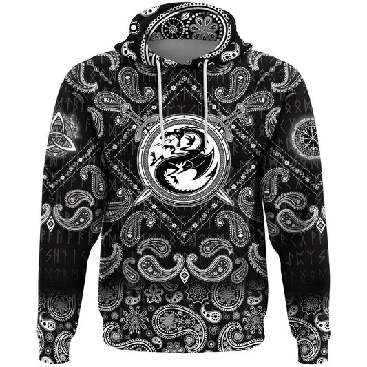 Dragon Shield With Crossing Swords With Bandana Paisley Style Viking Hoodie