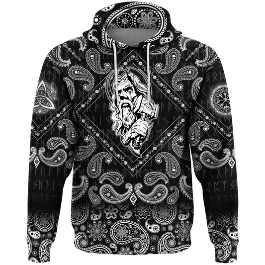 Nordic God And His Hammer With Bandana Paisley Style Viking Hoodie