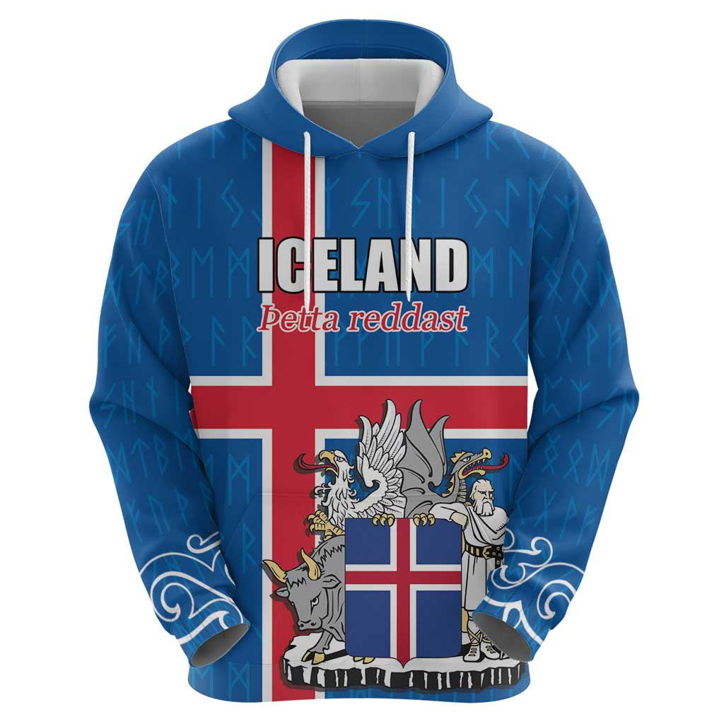 (Custom) Iceland Coat of Arms Zipper Runic Alphabet Viking Runes Pattern Viking Hoodie