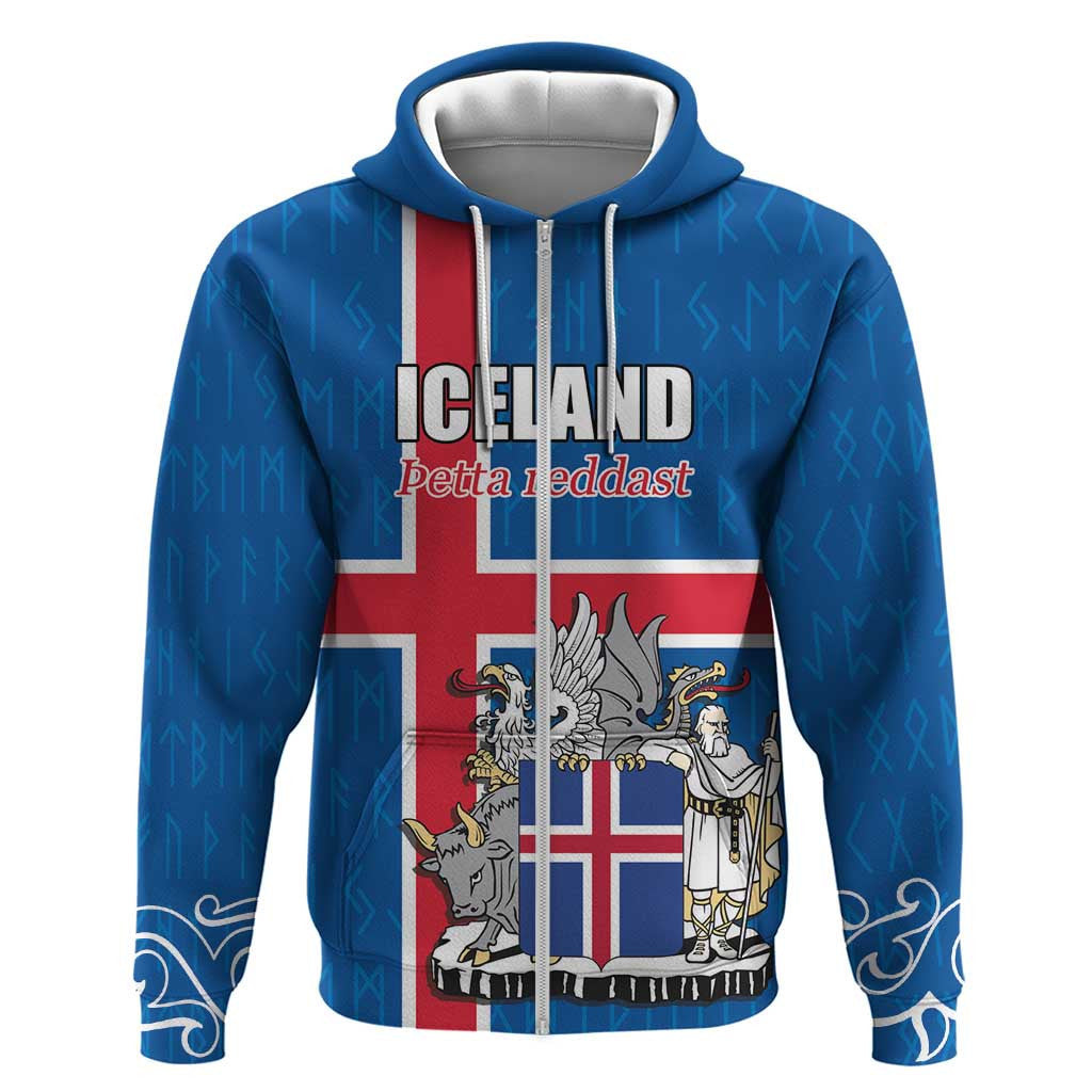 (Custom) Iceland Coat of Arms Zipper Runic Alphabet Viking Runes Pattern Viking Hoodie