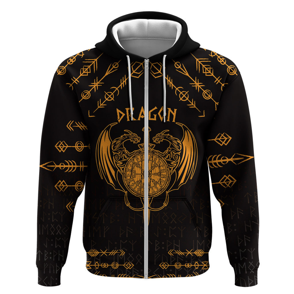 (Custom) Viking Dragon Zipper with Sword Gold Scandinavian Tattoo Viking Hoodie