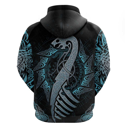 Dragon Viking With Runes Zipper Blue Black Viking Hoodie