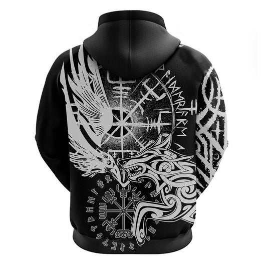 Vikings Raven and Wolf with Aegishjalmur Unique Viking Hoodie