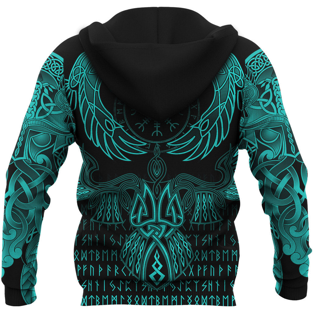 Viking Style Zip Hoodie Raven Of Odin Cyan A39 VKNGB