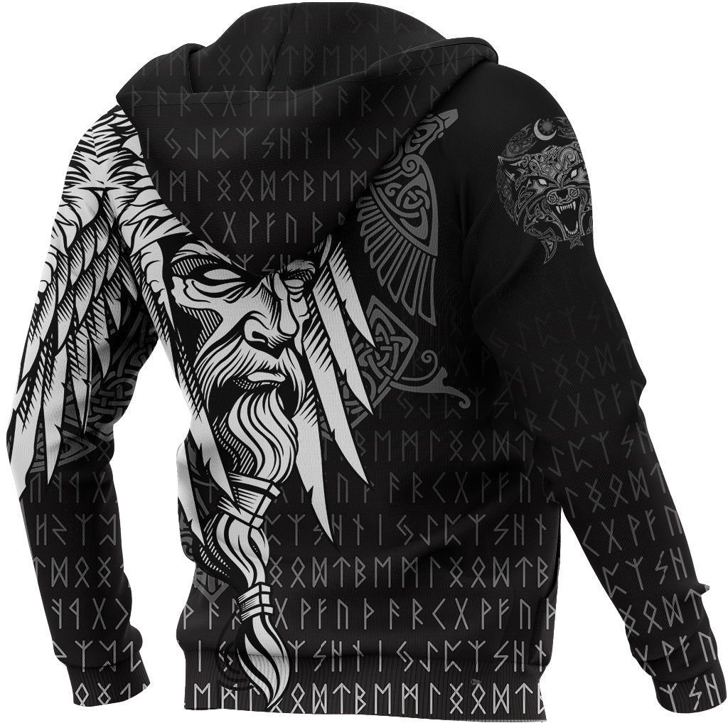 Viking Style Hoodie Odin Raven and Fenrir on Hand A39 VKNGB