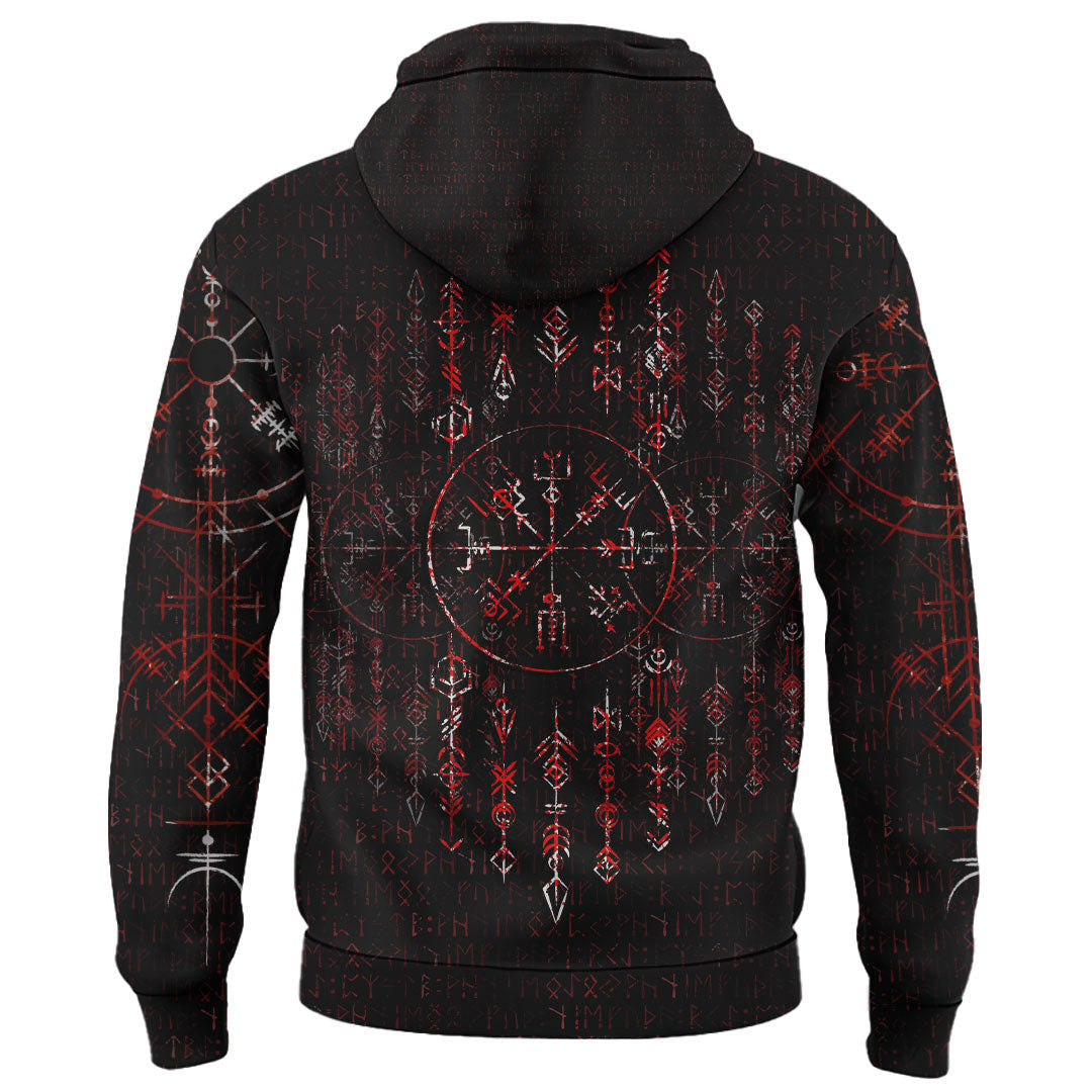 Viking Style Zip Hoodie - Vegvisir Dark Runic Grunge Blood A39 VKNGB