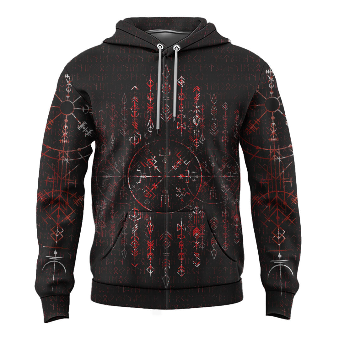 Viking Style Zip Hoodie - Vegvisir Dark Runic Grunge Blood A39 VKNGB