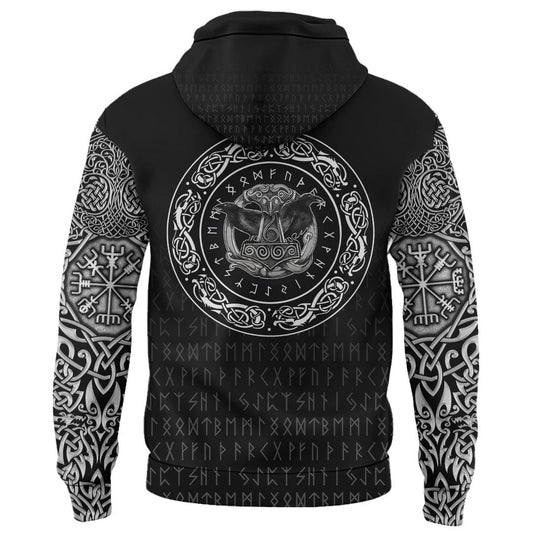 Viking Style Hoodie - Huginn and Muniin With Mjolnir A39 VKNGB