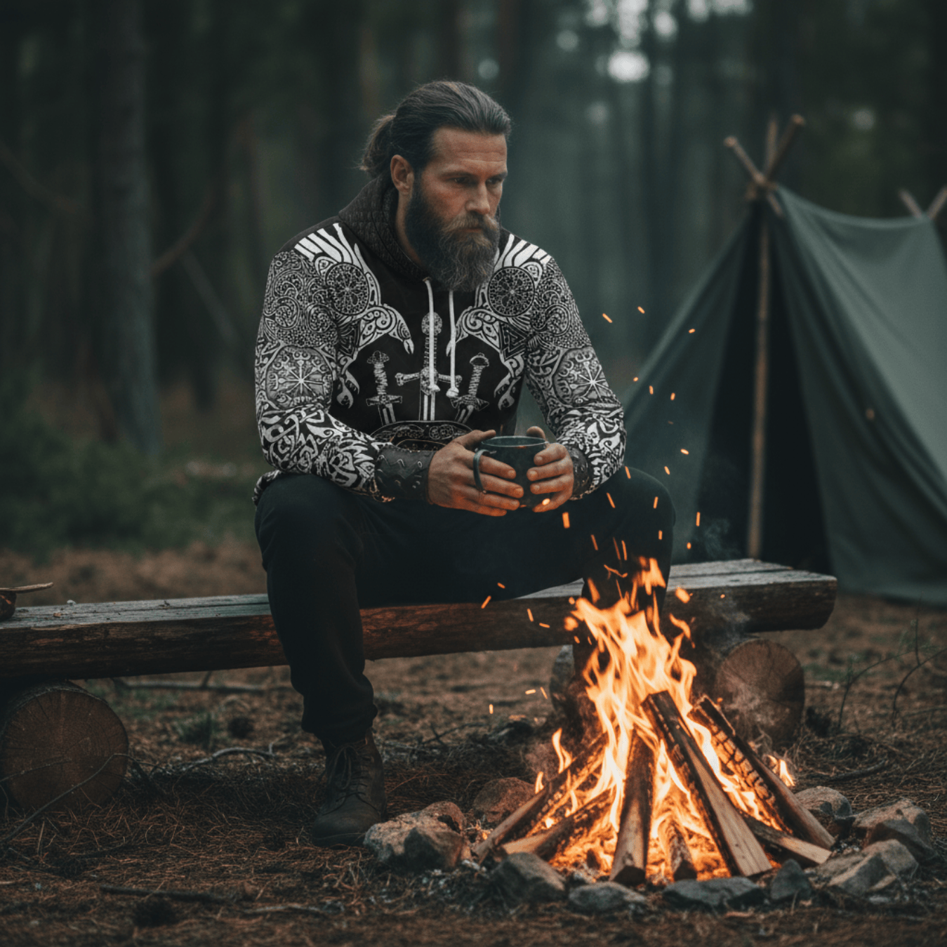 Viking Style Hoodie - Huginn and Muniin With Mjolnir A39 VKNGB