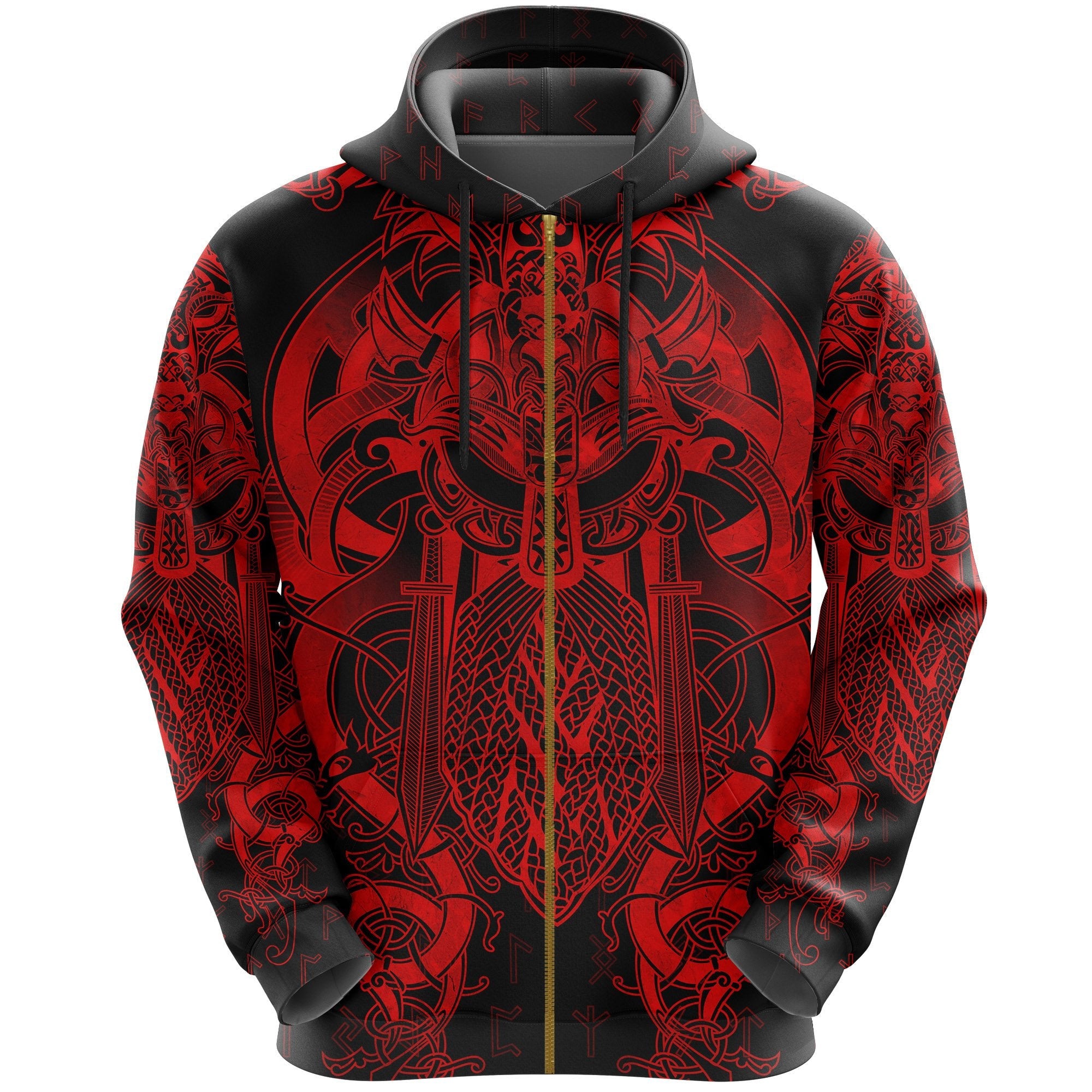Viking Style Fenrir & Tyr Tattoo Zip Hoodie - Red Version A39 VKNGB