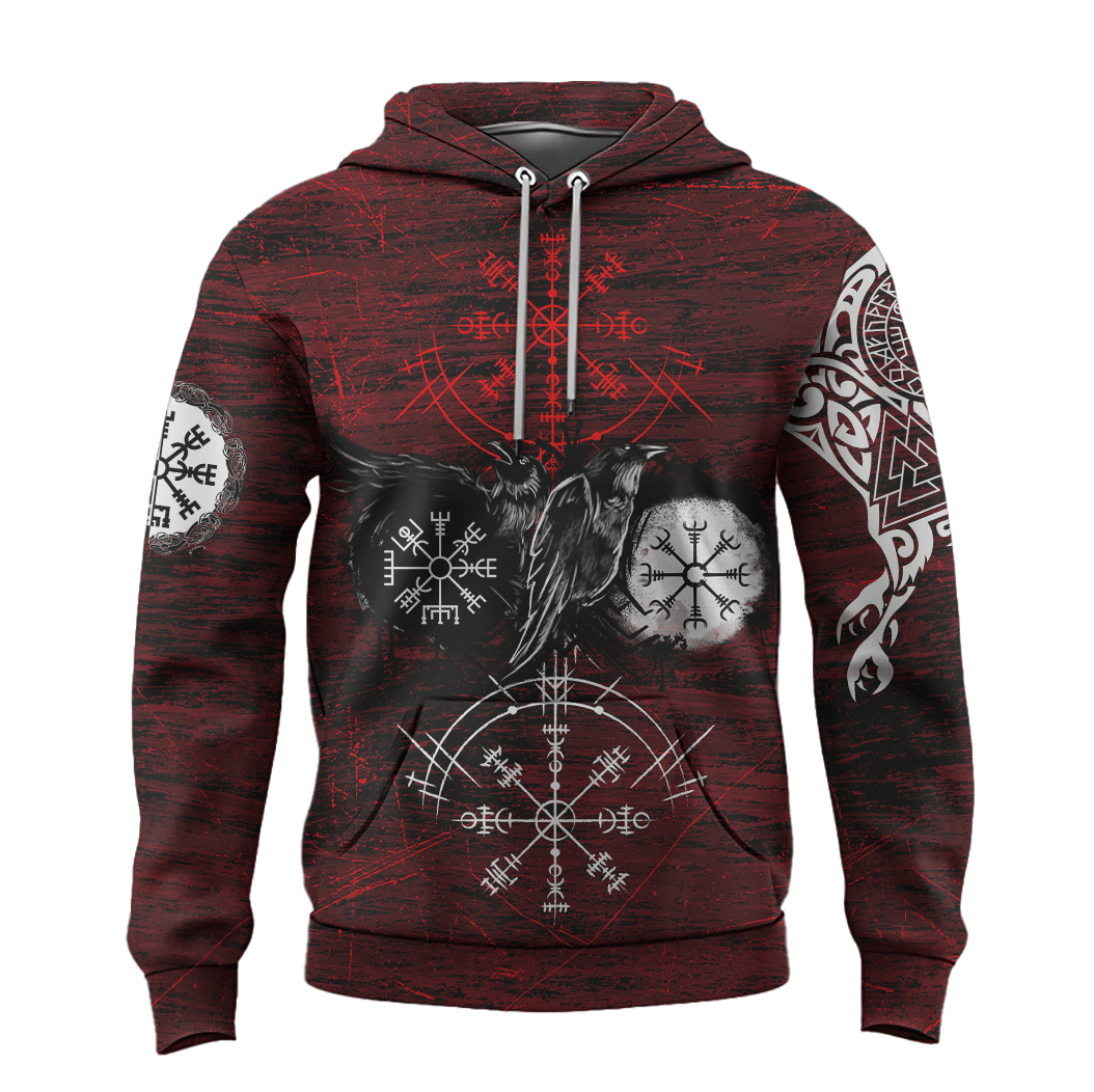 Viking Style - Hoodie Raven of Odin and Symbol Viking on Blood Background A39 VKNGB