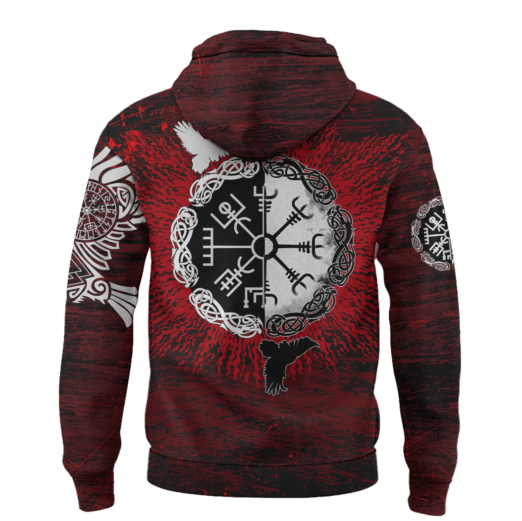 Viking Style - Hoodie Raven of Odin and Symbol Viking on Blood Background A39 VKNGB
