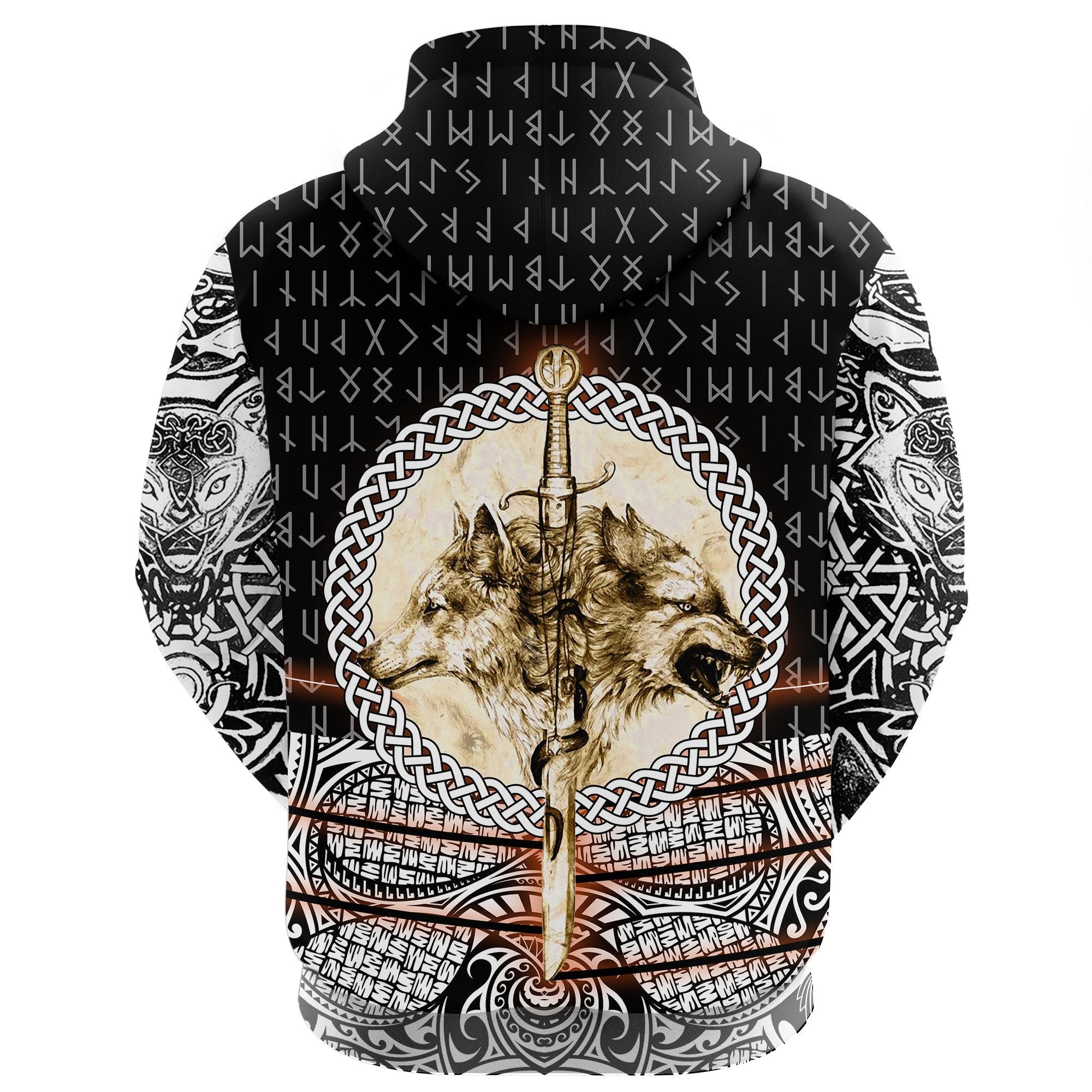 Viking Style Hoodie - Wolf and Vikings Tattoo 3D A39 VKNGB