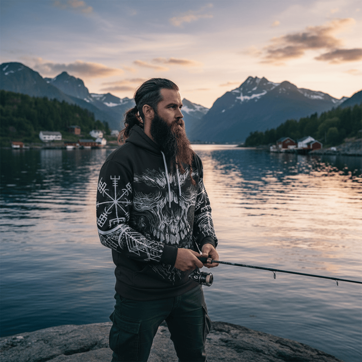 VikingStyle Clothing - Viking Skull and Vegvisir Hoodie A39 VKNGB