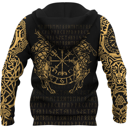 Viking Style Hoodie - Viking Compass Vegvisir Tattoo - Gold Version Hoodie A7 VKNGB