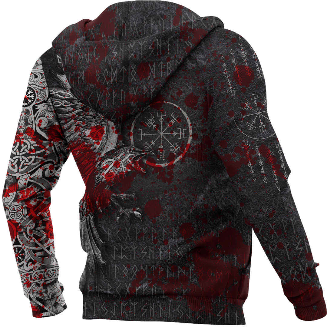 Viking Style Hoodie - Viking Odin Raven Tattoo Style - Blood Version Hoodie A7 VKNGB