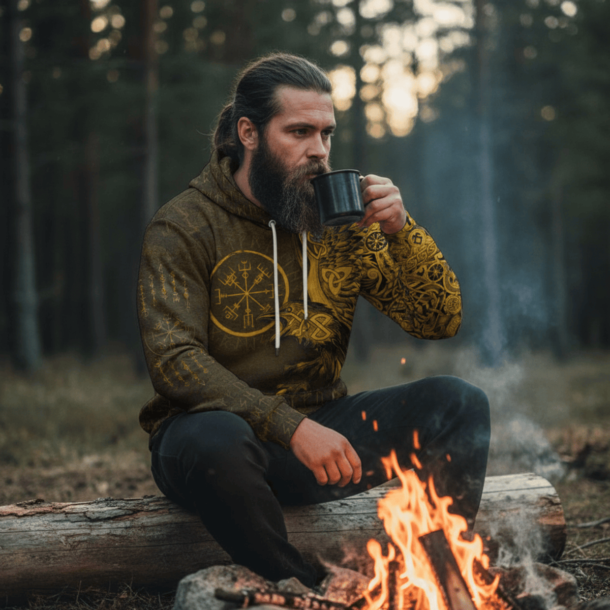 Viking Style Hoodie - Vegvisir With Raven - Viking Compass - Gold Version Warship Hoodie A39 VKNGB
