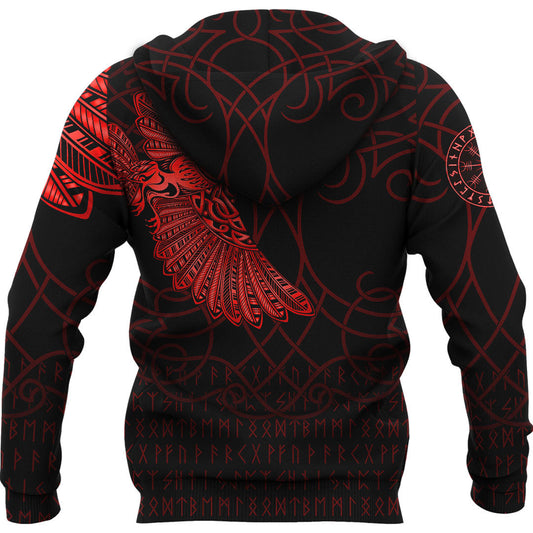Viking Style Hoodie - Viking Odin’s Raven Tattoo - Red Version Hoodie A7 VKNGB