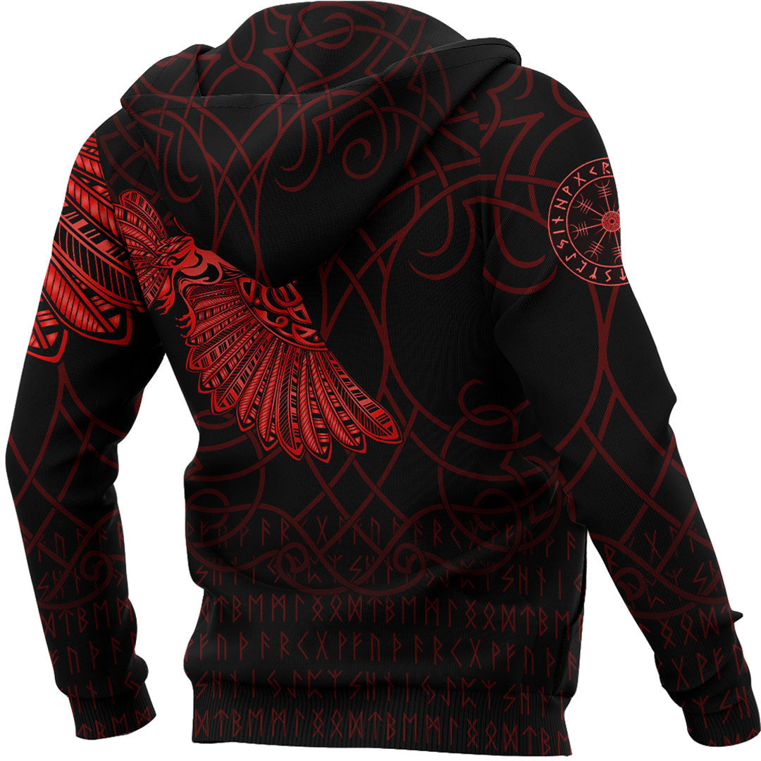Viking Style Hoodie - Viking Odin’s Raven Tattoo - Red Version Hoodie A7 VKNGB
