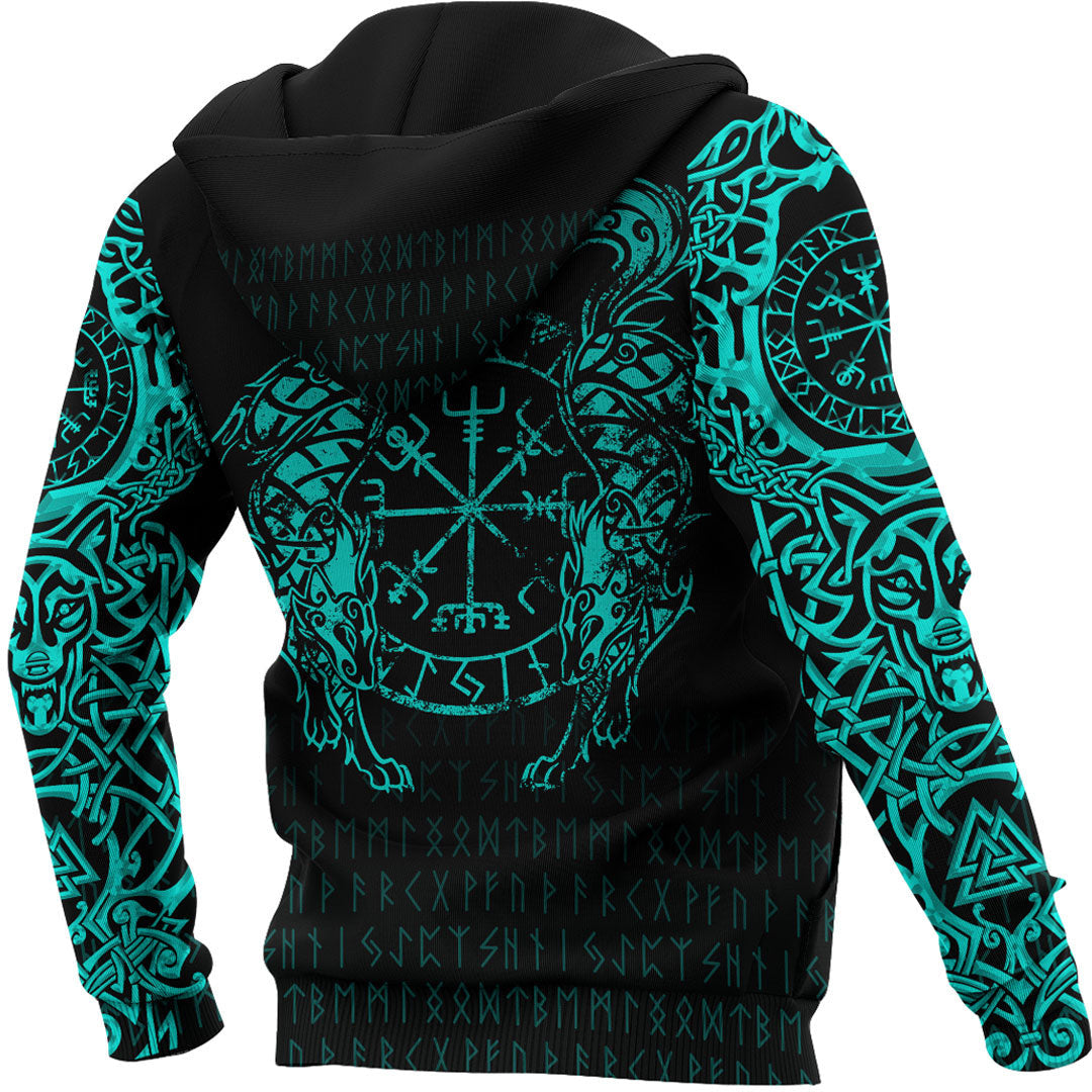 Viking Style Hoodie - Viking Compass Vegvisir Tattoo - Cyan Version Hoodie A39 VKNGB