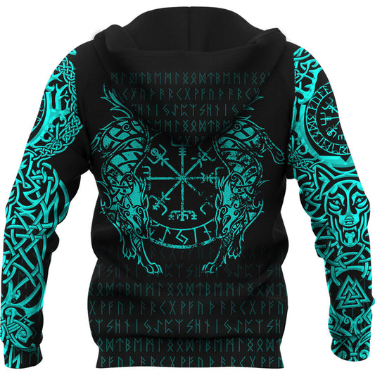 Viking Style Hoodie - Viking Compass Vegvisir Tattoo - Cyan Version Hoodie A39 VKNGB