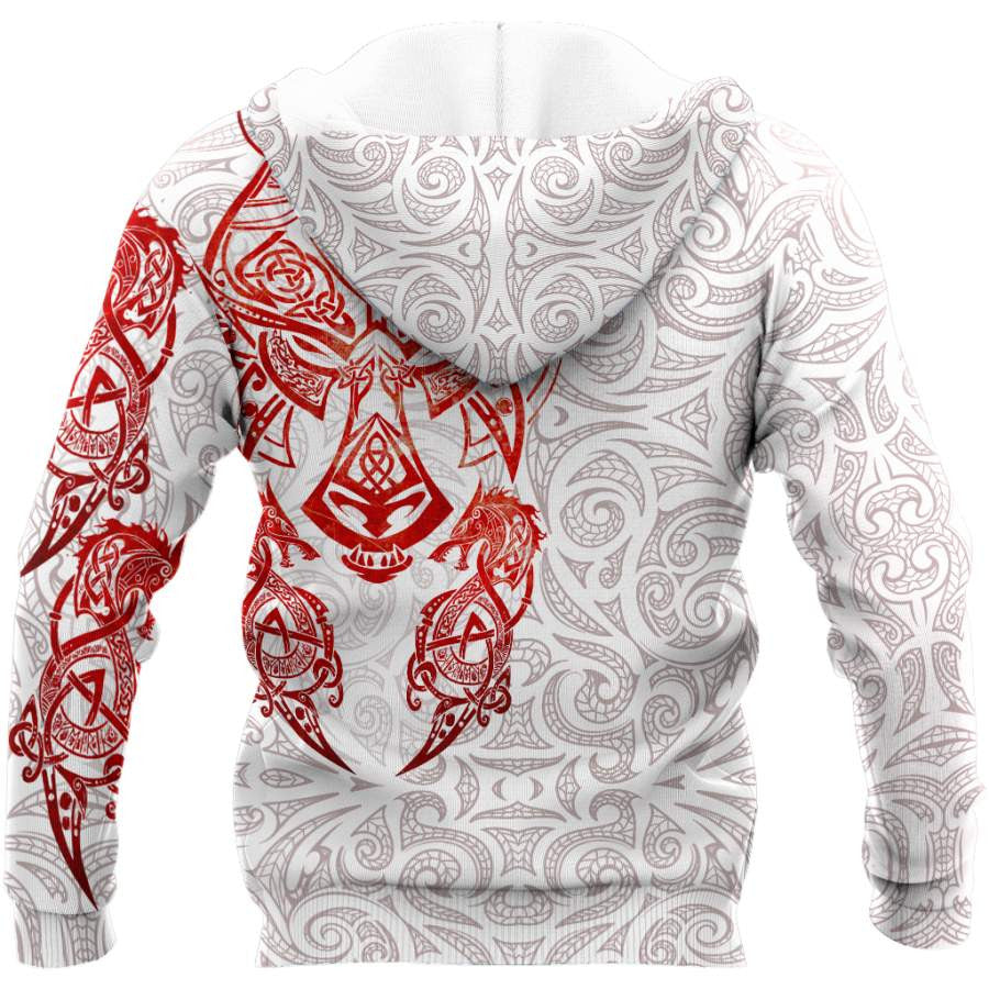 VikingStyle Clothing - Red & White Viking Tattoo Dragon Hoodie A39 VKNGB