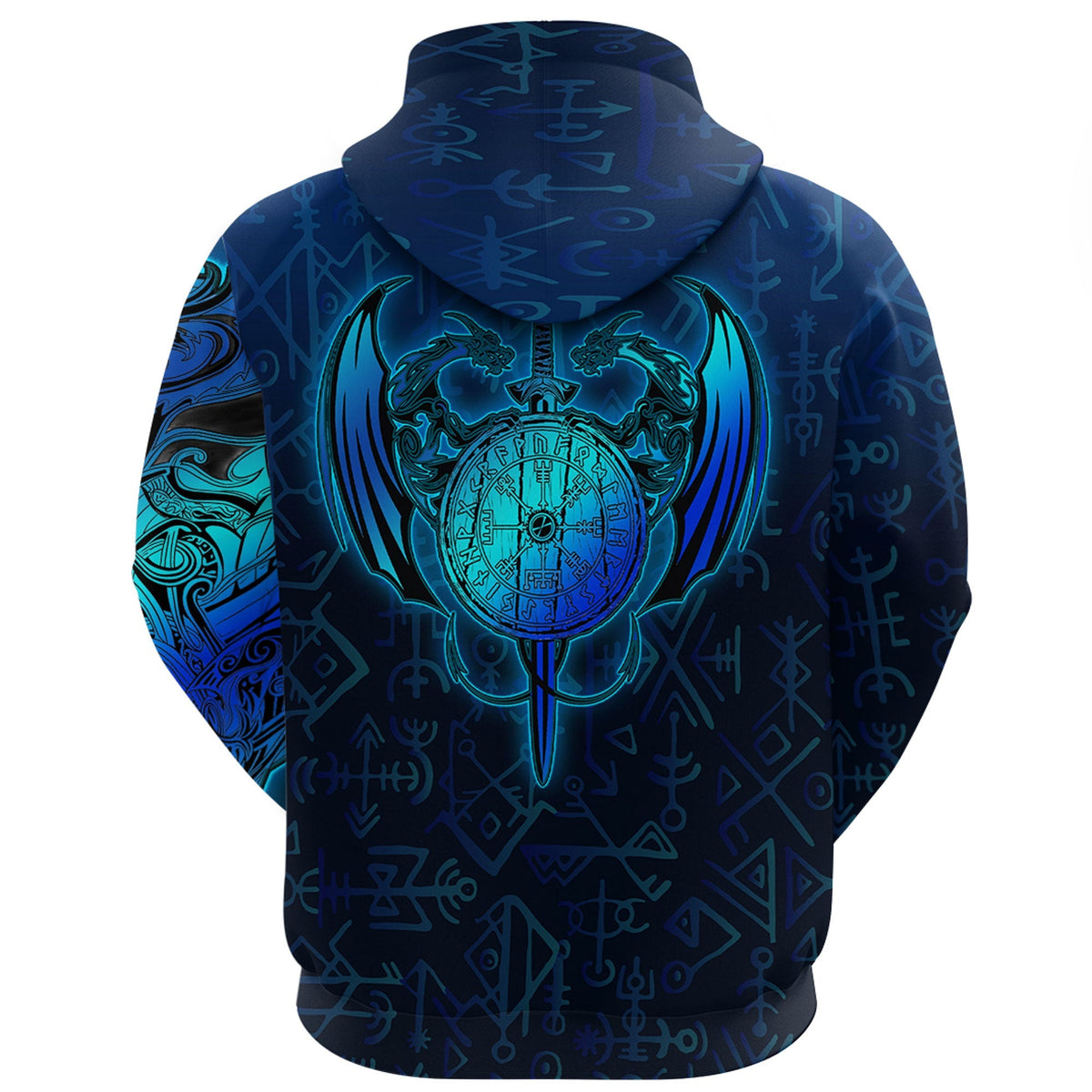 VikingStyle Clothing - Viking Dragon and Vegvisir Blue Version - Hoodie A39 VKNGB
