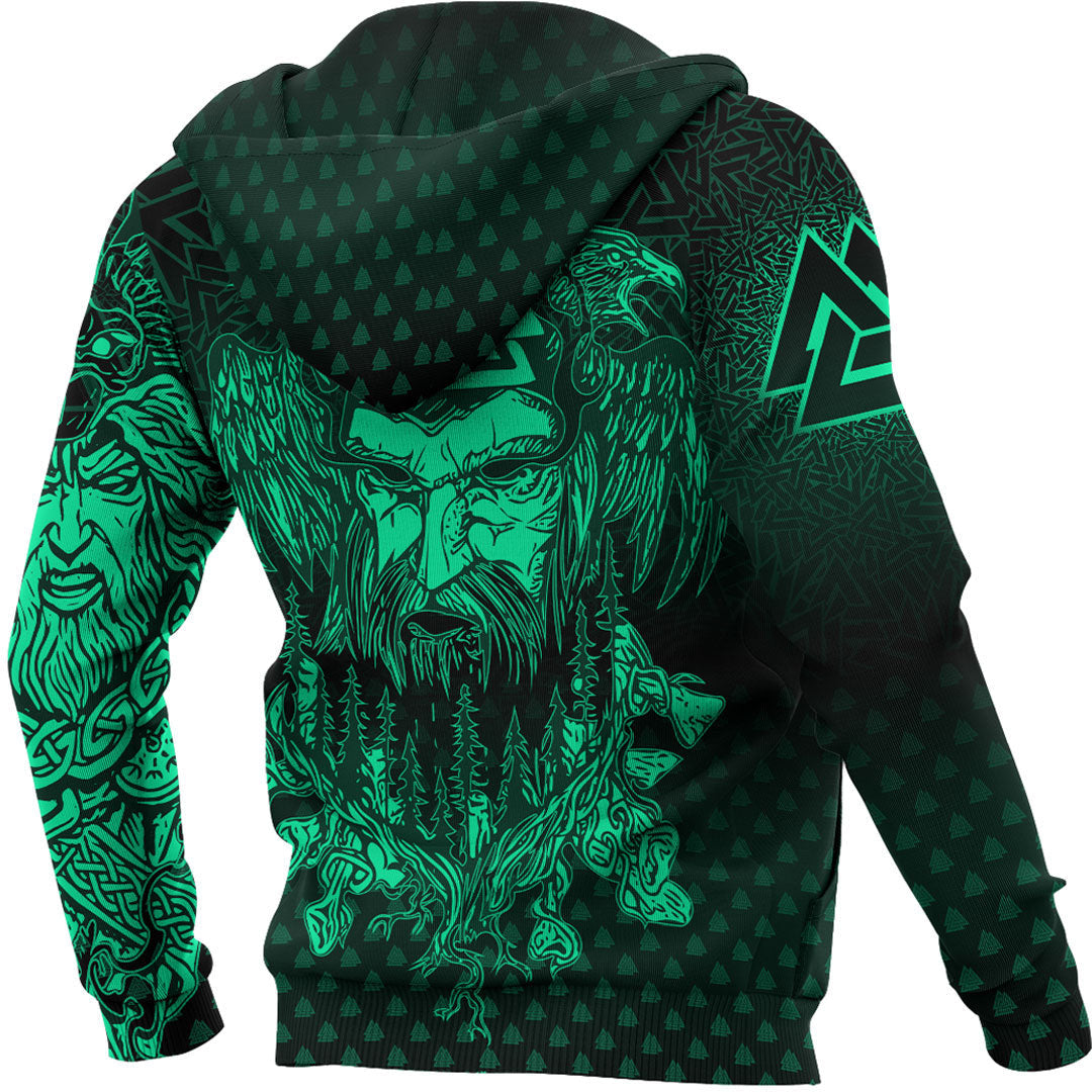 Viking Style Hoodie - Viking Odin Raven Tattoo Style - Green Version Hoodie A39 VKNGB