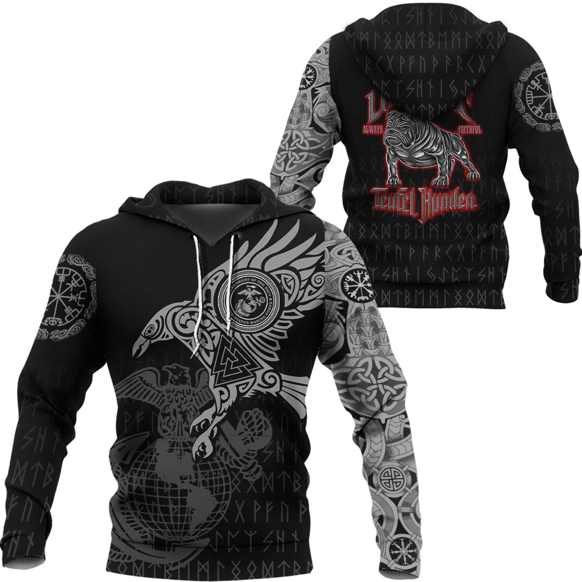 Viking Style Hoodie - Hoodie - The Raven Of Odin Tattoo Army A7 VKNGB