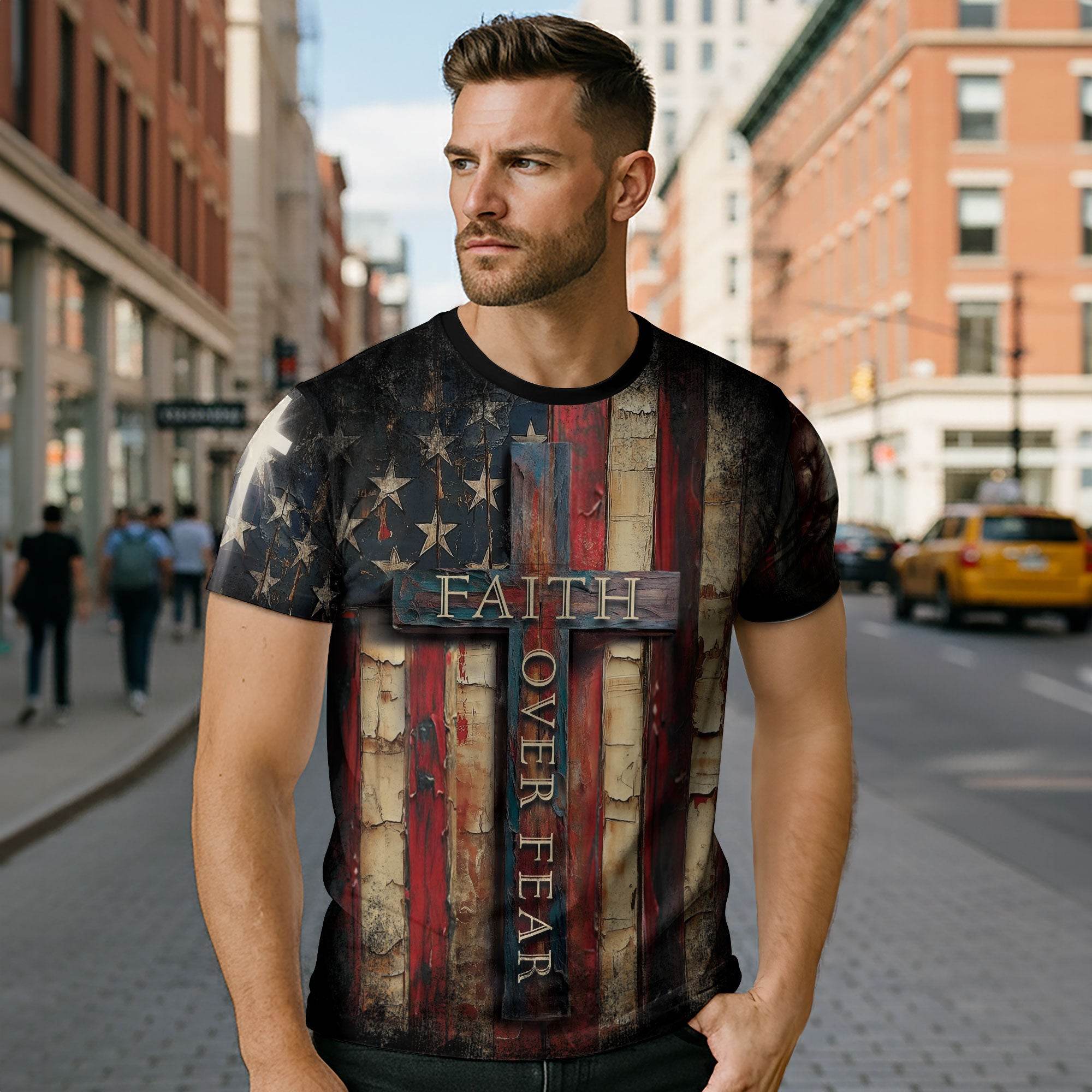 Faith Over Fear Cross Shirt – Rustic American Flag Christian Tee