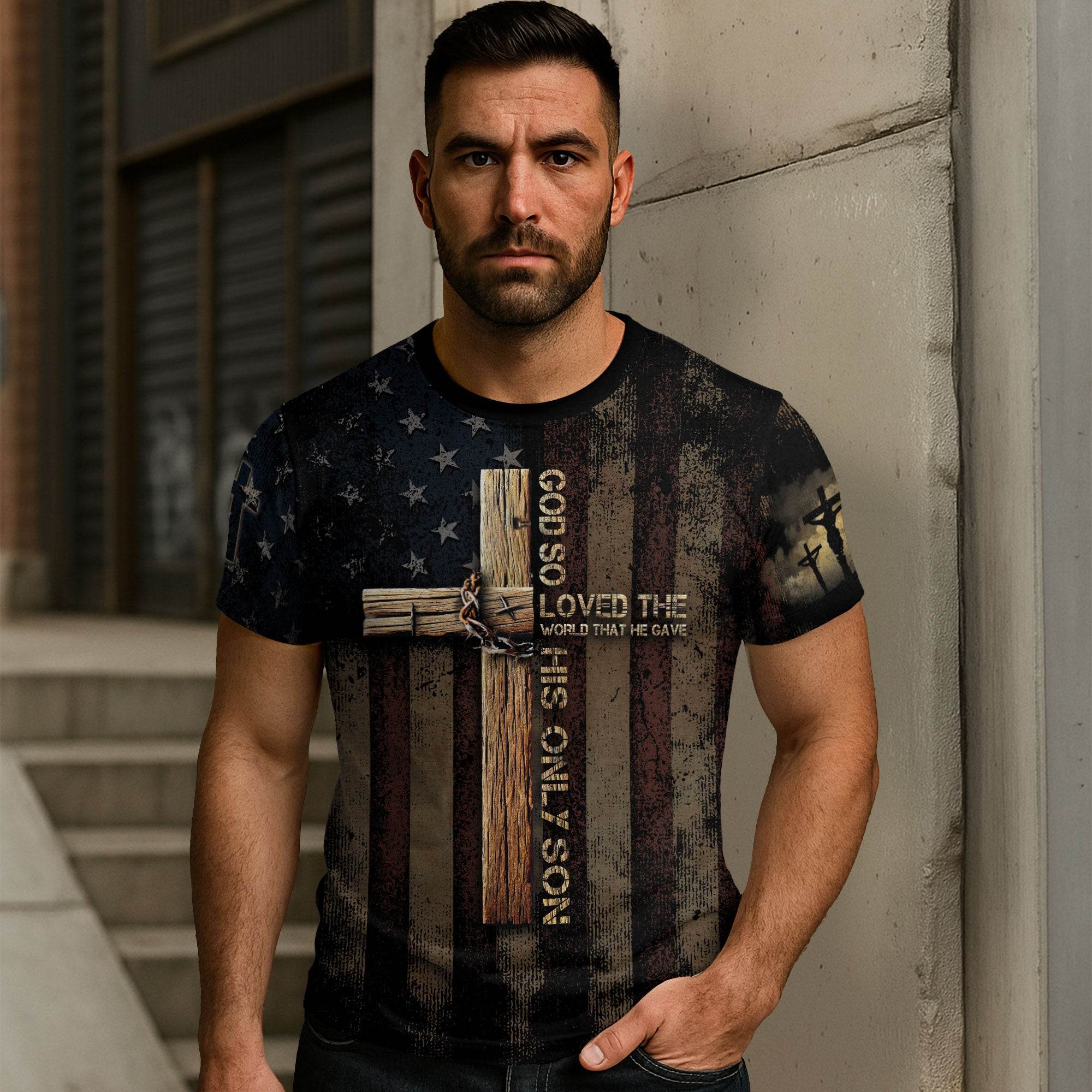 God So Loved The World | John 3:16 Cross & Crown Patriotic Tee