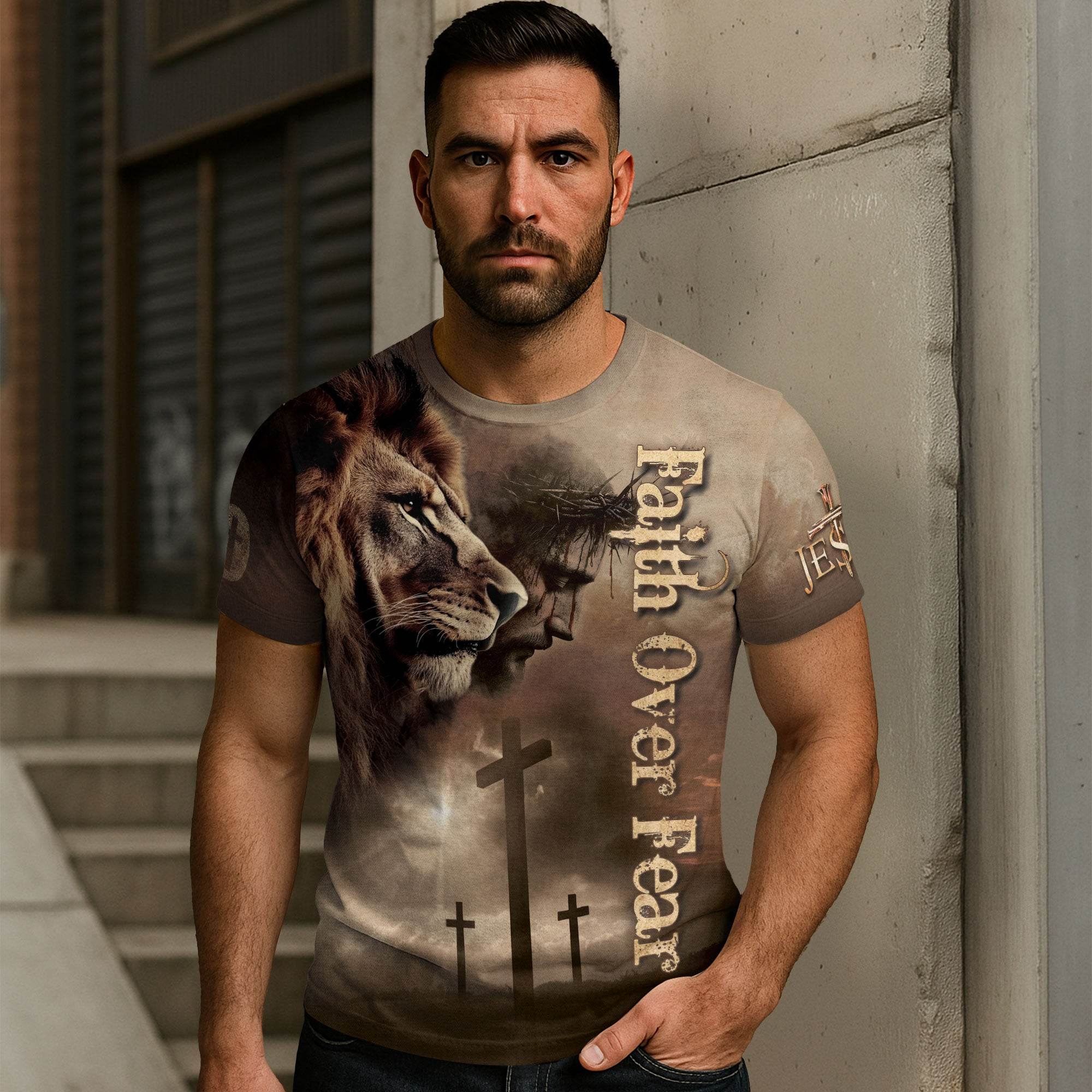 Faith Over Fear | Jesus, Lion & Cross Inspirational T-Shirt
