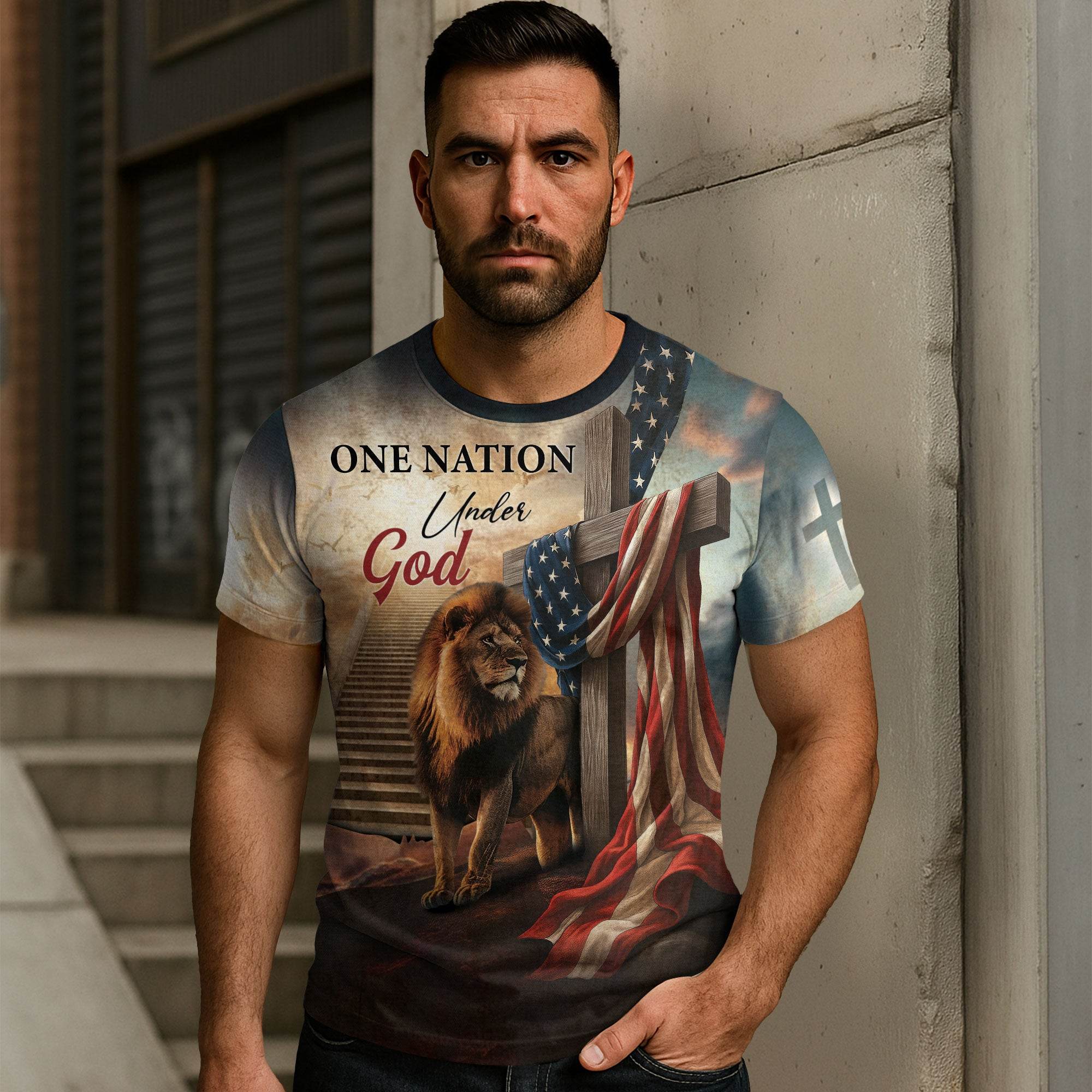 One Nation Under God Lion Cross Heaven Stairs T-Shirt