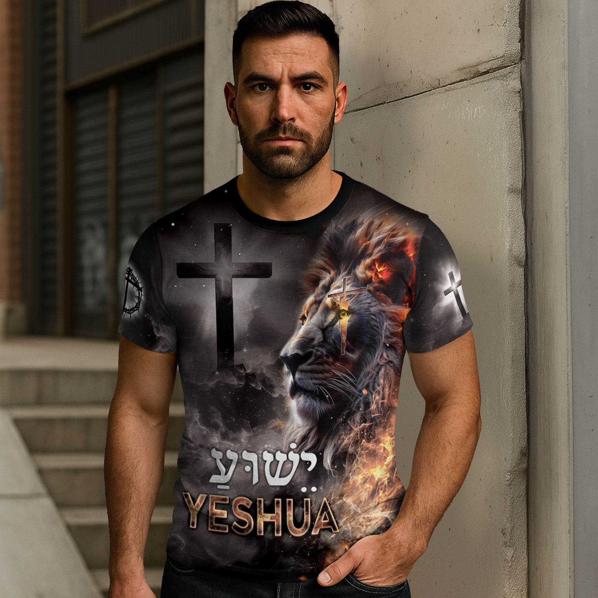 Yeshua Lion of Judah & Fiery Cross Christian T-Shirt