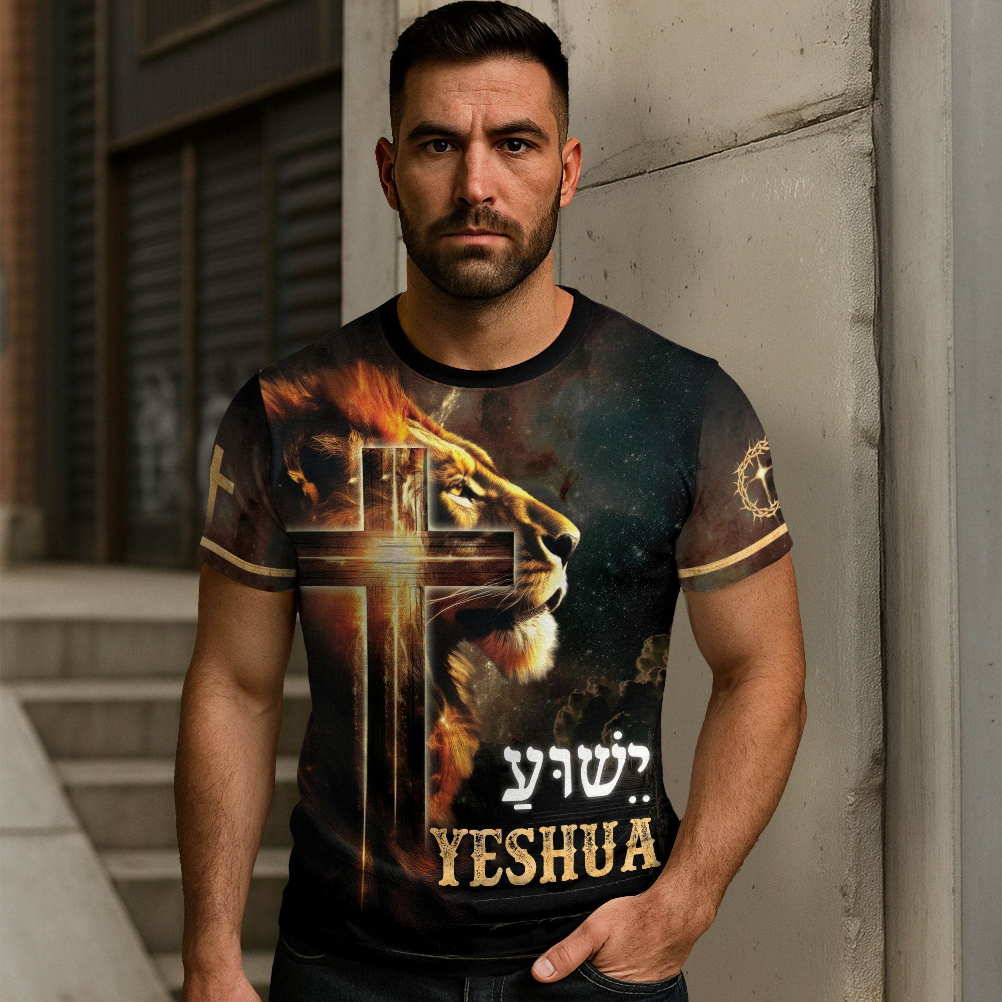 Yeshua Lion of Judah & Radiant Cross Christian T-Shirt