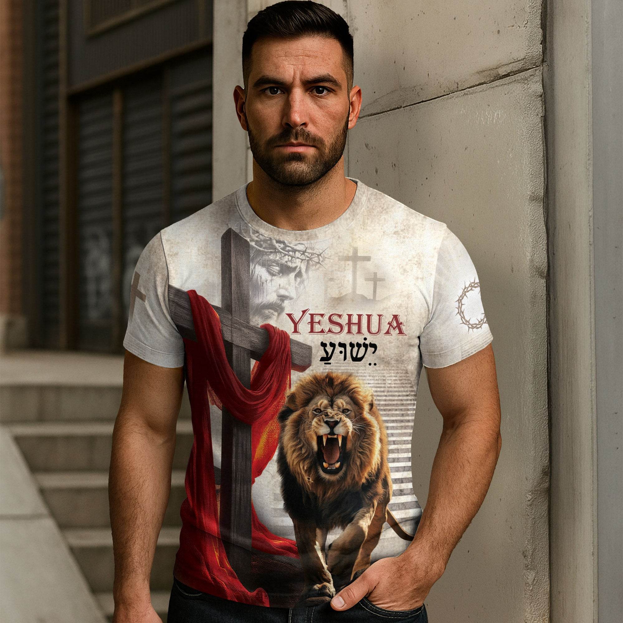 Yeshua Lion of Judah Cross Red Cloth Christian T-Shirt
